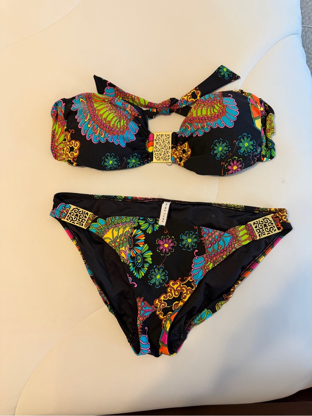 Black Bandeau Bikini Set with Vibrant Paisley Print